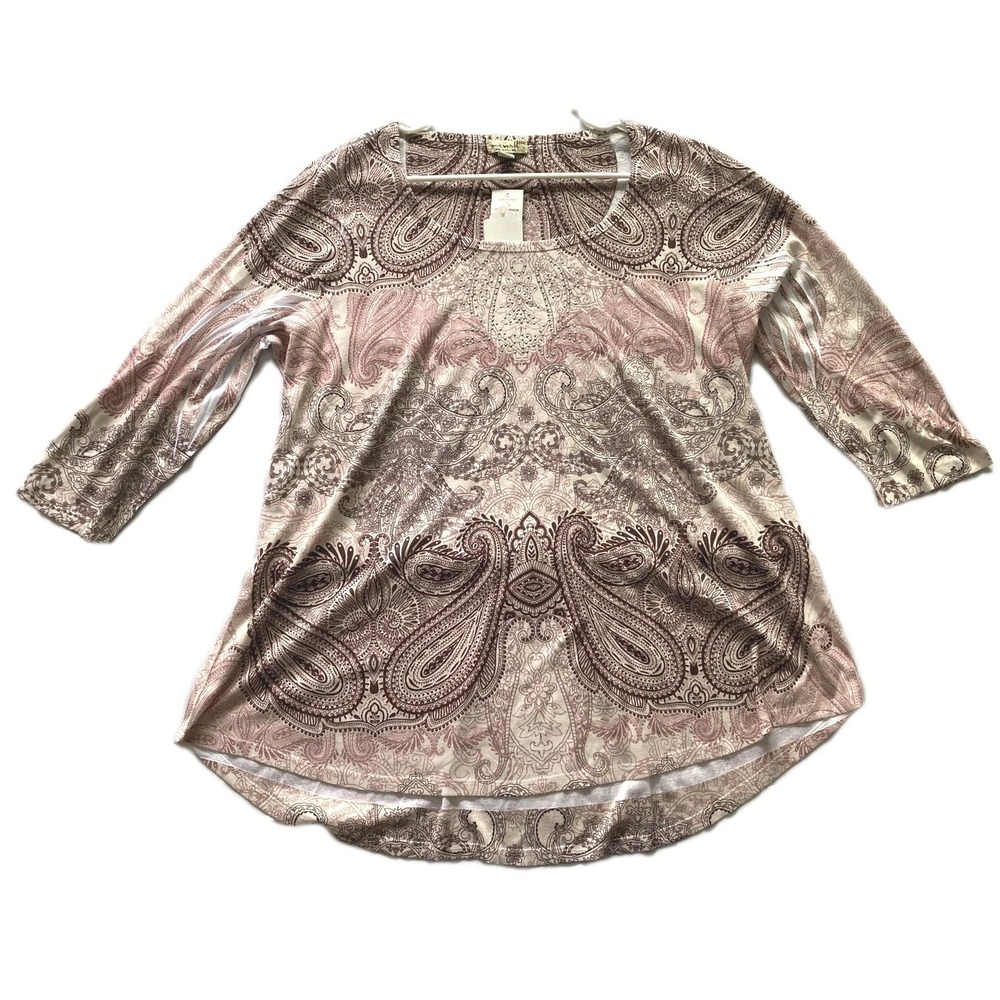 One World Tunic Top Women XXXL Blush Pink Paisley 3/4 Sleeve Scoop Neck NWT